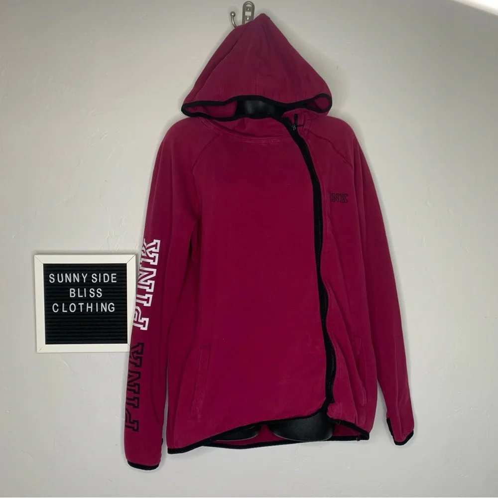 PINK Victoria’s Secret Burgundy Full Zip Asymmetrical Hoodie Size Medium - Picture 1 of 15